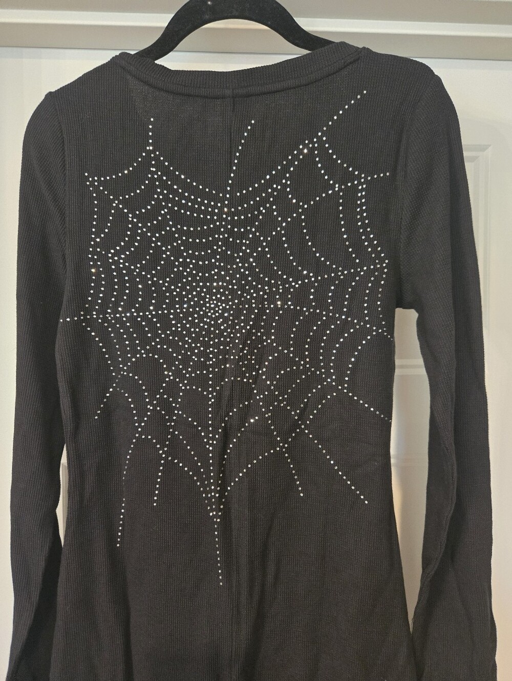 NWT!! Long Sleeve Black Short Romper with Crystal Spider and Web Graphic. Size M - Picture 3 of 5